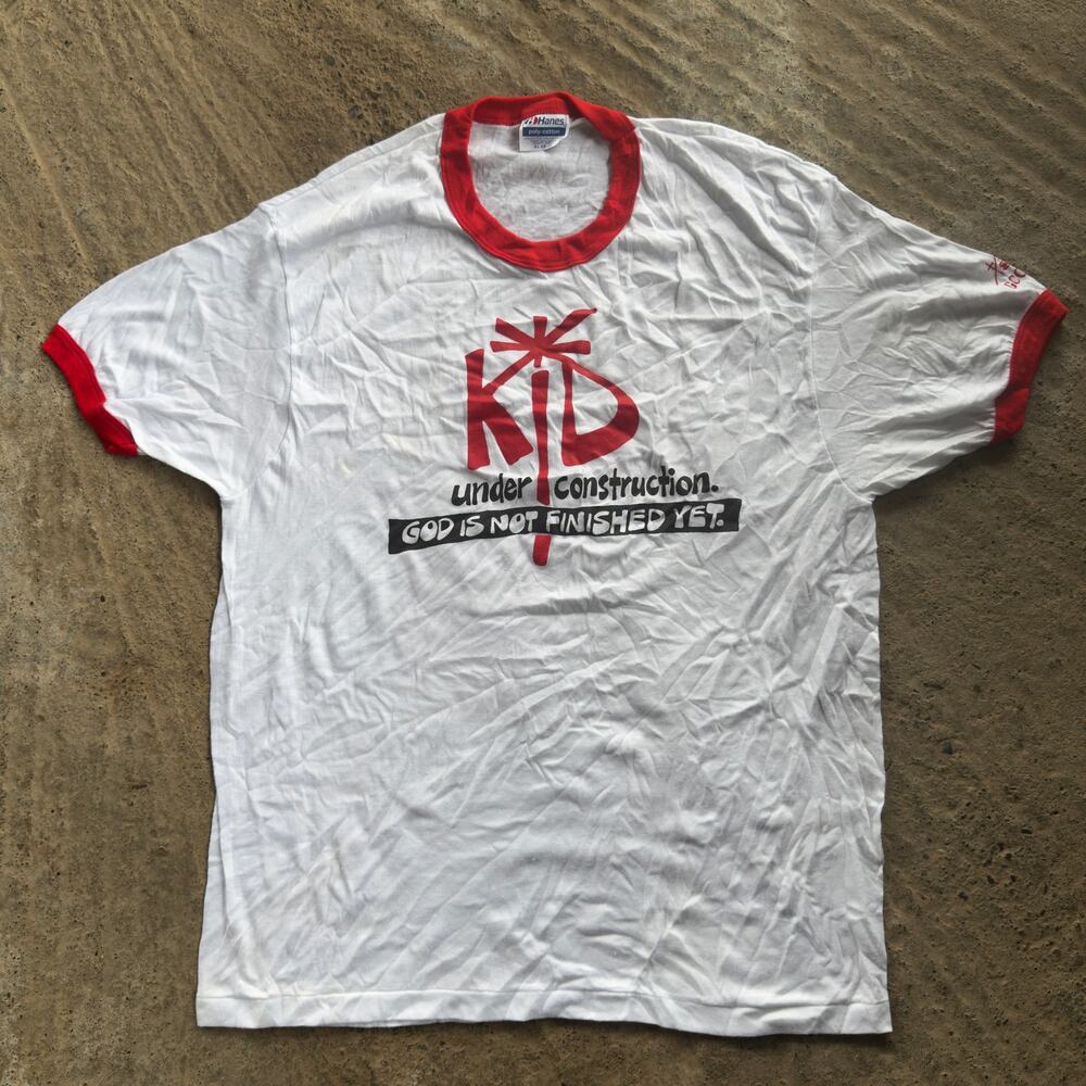 VINTAGE RINGER KID UNDER CONSTRUCTION GOD IS NOT FINISHED YET SHIRT MENS XL 00S